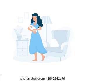 Mother Carefully Holding Her Baby In Living Room Vector Illustration. Take Care And Protect Child Flat Style. Parenthood And Newborn Concept. Mama Calms Down Her Little Baby. Vector Illustration