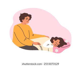 The mother carefully puts the child to bed. The vector graphic shows a teenager lying on his stomach under a cozy blanket and pillow, demonstrating family love.