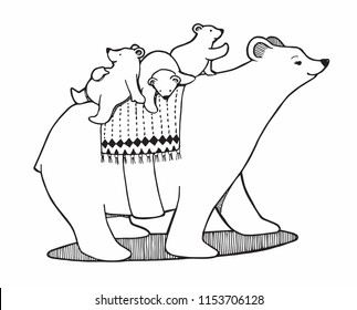 Mother careing her children. Mother carrying her children. Mother and children. Bears walking.