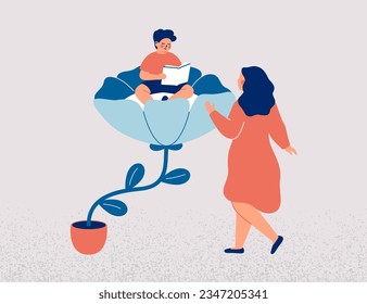 mother cares of the son. woman is engaged in the upbringing and development of her baby. Boy sits in the big flower near his parent. Family relationship and bonds. Vector