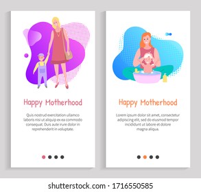Mother caring, family leisure, parent bathing baby, mom holding kid, portrait view of mother and child, washing and walking, maternity vector. Website or slider app, landing page flat style
