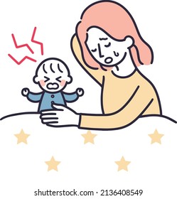 Mother caring for a fidgety baby. simple illustration.