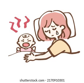 Mother caring for a fidgety baby. simple illustration.