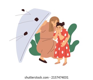 Mother caring, protecting child from danger. Mom ensuring safety for kid. Family, parent support, protection for children concept. Flat graphic vector illustration isolated on white background