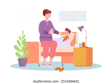 Mother Caring Sick Child. Parent Woman On Bed Medication Cough Syrup Care Cold Illness Kid, Medicine Drug Liquid Sickness Patient Home Childcare Mum, Splendid Vector Illustration. Woman Care For Kid