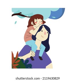 Mother carries her daughter on her shoulder in the park.