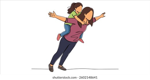 mother carries her daughter a single continuous line drawing illustrates a mother carrying her daughter on her back, striking a playful pose as if they are ready to fly. This expressive design symbol.
