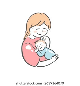 mother carry a baby sleeping on her arms flat design hand drawn illustration family mother's day