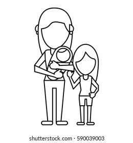 mother carrying baby and daughter thin line