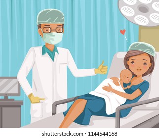 Mother carrying baby her newborn child. After labor in hospital. Doctor thumb up for mother giving birth to daughter. Parent and infant first moments of bonding. Medical performing cesarean sections