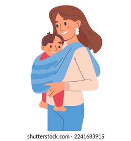 Mother carrying baby in sling. Loving mom and newborn baby, cute toddler in sling flat vector illustration on white background