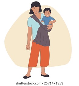 A mother carrying baby using baby sling carrier illustration