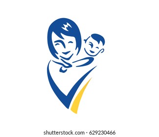 Mother Carrying A Boy On Her Back And V Alphabet Symbol Logo