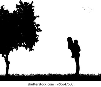 Mother carrying a child piggyback in park, one in the series of similar images silhouette