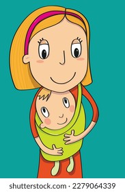 A mother carrying her baby in a green carrier.