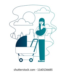 mother carrying her baby on arms and pram in the park city