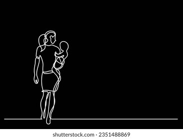 mother carrying her baby - single line drawing