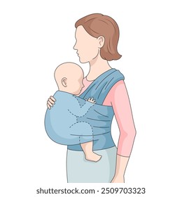 mother carrying her baby using a soft wrap sling carrier, providing hands-free support and bonding hand-drawn schematic vector illustration. Medical science educational illustration