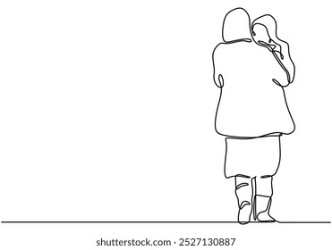 Mother carrying her child in one continuous line drawing. Minimalist design for immigrant parenting and love themes. Hand-drawn illustration for family bonding.