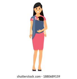 Mother carrying her kids in front facing position. Vector flat illustration