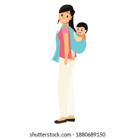 Mother carrying her kids in kangaroo position. Vector flat illustration