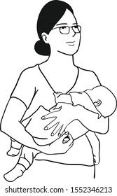 The mother is carrying her new born baby on her arms while looking very serious on the other side. 