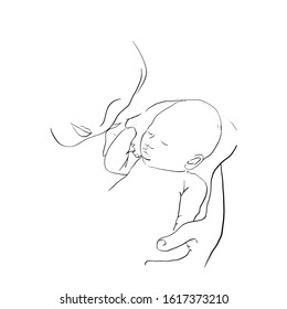 Mother carrying her sleeping baby. Happy maternity. Hand draw single line art.  Sketch for Icon, logo, sign, posters . Isolated vector illustration.  Napping Newborn on the hand