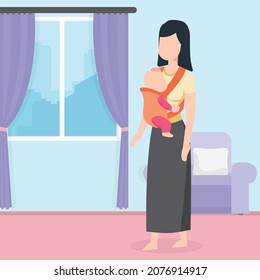 Mother carrying infant baby son in sling. Mom holding child. Vector colorful illustration