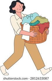 Mother carrying laundry basket through calm domestic routine