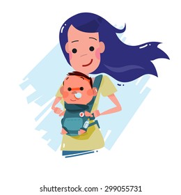 mother carrying little baby. character design. super dad concept - vector illustration