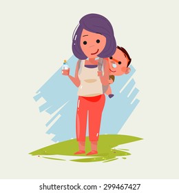 mother carrying little baby. character design. super dad concept - vector illustration