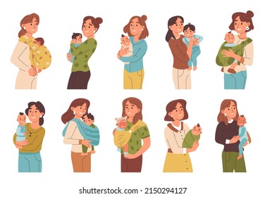 Mother carrying newborn baby, moms and kids in sling. Female parents with baby toddlers in slings vector symbols illustration set. Happy motherhood collection