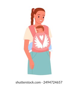 Mother carrying newborn baby in sling, love and motherhood. Cute young mom in casual clothes holding child inside carrier wrap, happy woman and toddler at city walk cartoon vector illustration