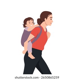 Mother Carrying Smiling Child on Her Back. Flat vector illustration isolated on white background