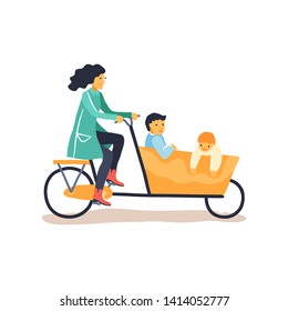 Mother carrying two young kids on a Dutch cargo bike. Vector flat illustration.