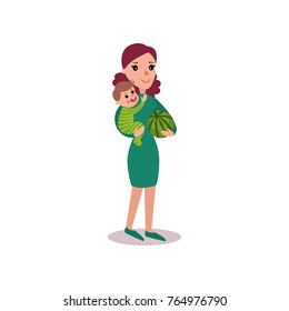 Mother carrying watermelon in one arm and baby in the other, super mom concept vector Illustration