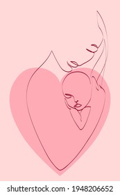 Mother is carying of her newborn baby. Woman embracing little child over heart symbol, abstract portrait drawing with lines, motherhood concept, vector illustration for t-shirt, print design