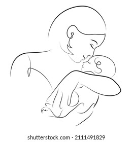 Mother is carying of her newborn baby. Woman embracing little child, abstract portrait drawing with lines, quick sketch, motherhood concept