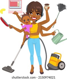Mother in casual clothes holding newborn baby and with different hands cleaning working talking by phone with call center headset cooking drinking coffee cleaning with duster vector illustration