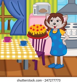 mother cat baked a cake in kitchen - vector illustration, eps