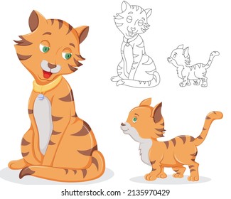 The mother cat caring for her baby cat with a live outline vector