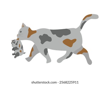 Mother cat carrying kitten by her mouth. Simple flat illustration.