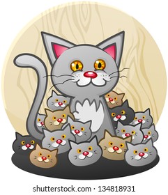 A Mother Cat Cartoon Character with a Litter of Kittens