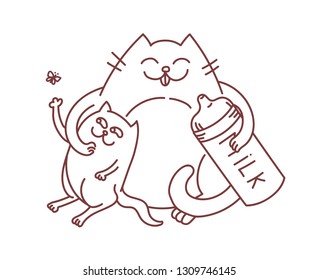 Mother cat feeding infant kitten with milk bottle, animal care family and shelter concept, vector illustration isolated on white