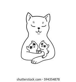 Mother cat with her adorable baby kittens. Vector design element