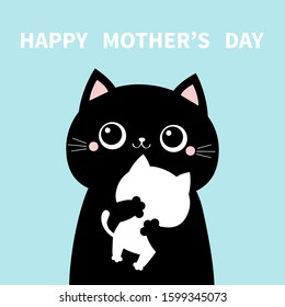 Mother Cat Holding Hugging Little Baby Kitten. Happy Mothers Day. Kittens On Hands. Kitty Hug. Funny Kawaii Animal Family. Cute Cartoon Pet Character Set. Flat Design Blue Background. Isolated. Vector