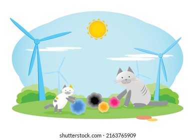 Mother cat and Kitten adorable characters for used in tales, Two cats playing toys having fun, The elements of the wind turbine in grassland isolated on white background, Wind power eco green energy.