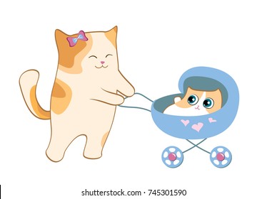 Mother cat with kitten in baby carriage. Vector illustration