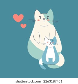 Mother cat and kitten love pets. Silhouette illustration logo. Cute cartoon character. Flat design. Postcard on a dark background. Vector for pet shop, pet clinic, animal care logo.