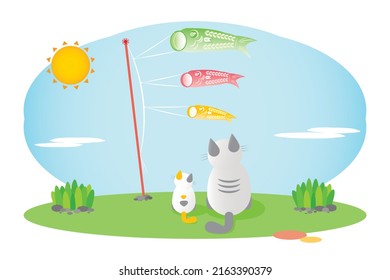 Mother cat and Kitten for used in tales, The stories adorable characters of two cats looking at colorful carp flags isolated on white background, The Koinobori carp streamers, Japanese children’s day.